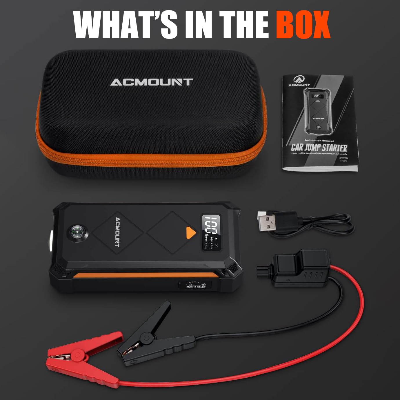 Acmount 5000A Jump Starter Power Pack, 12V Car Battery Booster Jump Starter (Up to 10L Gas and 8L Diesel Engine), Portable Power Bank Jump Pack with Jump Leads, USB QC 3.0, Emergency LED Light