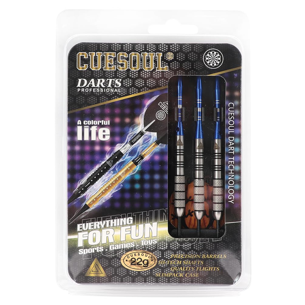 CUESOUL 90% Tungsten Steel Dart 22/24/26/28/30 Grams Darts Set Center Weighted Enhanced Control, Knurled Surface Supergrip, Aluminum Shafts Case