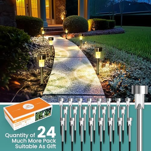 GIGALUMI Solar Lights Outdoor Garden Waterproof,24 Pack,Stainless Steel LED Solar Garden Lights for Patio, Lawn, Yard and Landscape Decor, Warm White