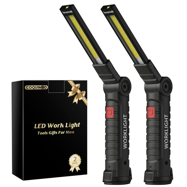Coquimbo Work Light Christmas Stocking Fillers Gifts for Men Him, LED Torch Rechargeable Inspection Lamp Mechanic Emergency BBQ Light 360° Rotate with Magnetic Base and Hook (2 Pack, Black)
