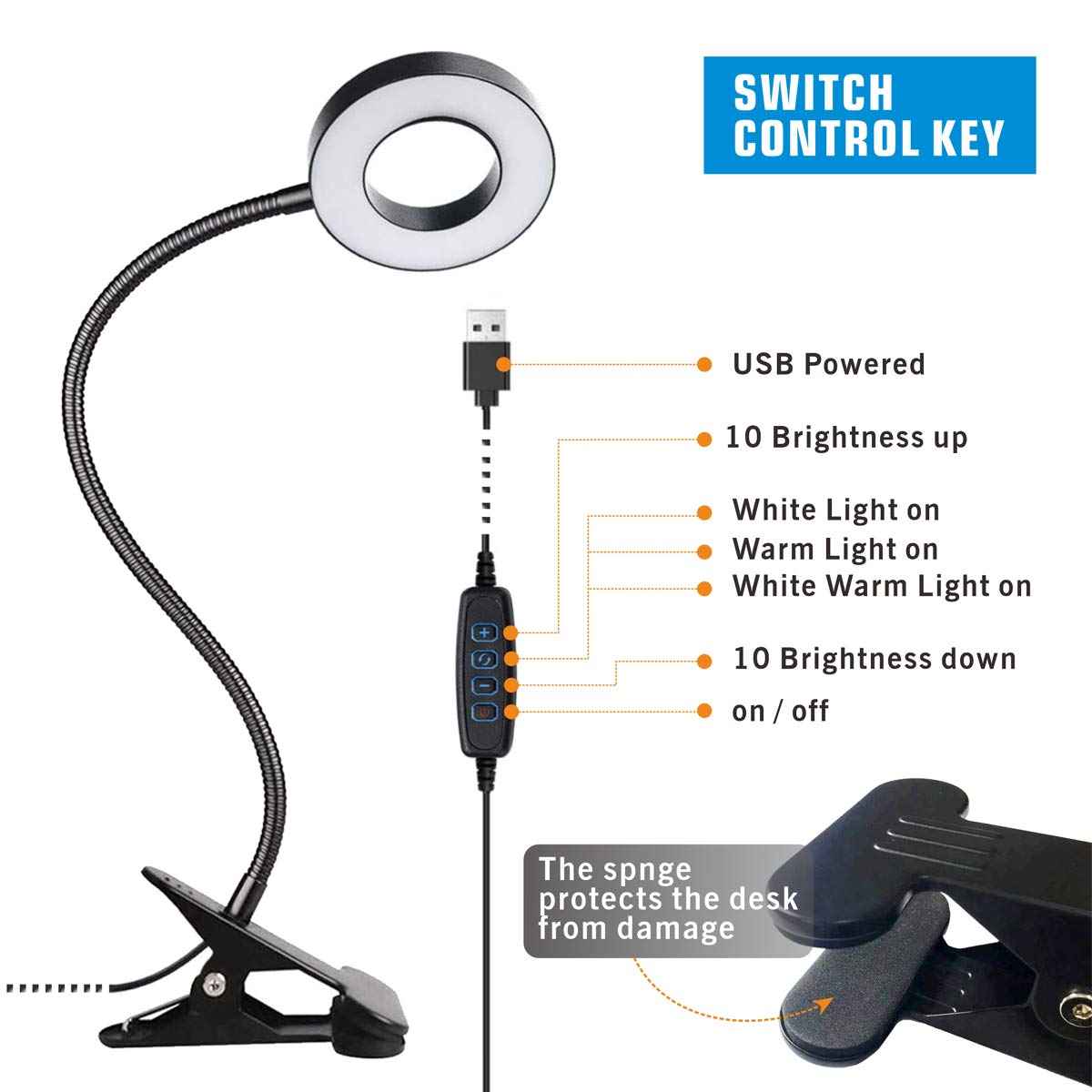 KNAMKY USB LED Desk Lamp Clip On Light, 3 Light Mode 10 Dimmable Brightness Eye Caring Book Adjustable for Reading Studying Working Video Conference Lighting (Black)