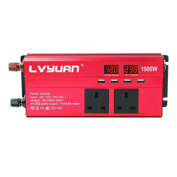 LVYUAN Power Inverter 12V to 240V AC Car Converter 600W /1500W Peak 4 USB 2 AC Sockets Dual Car cigarette lighter socket With 2 LED