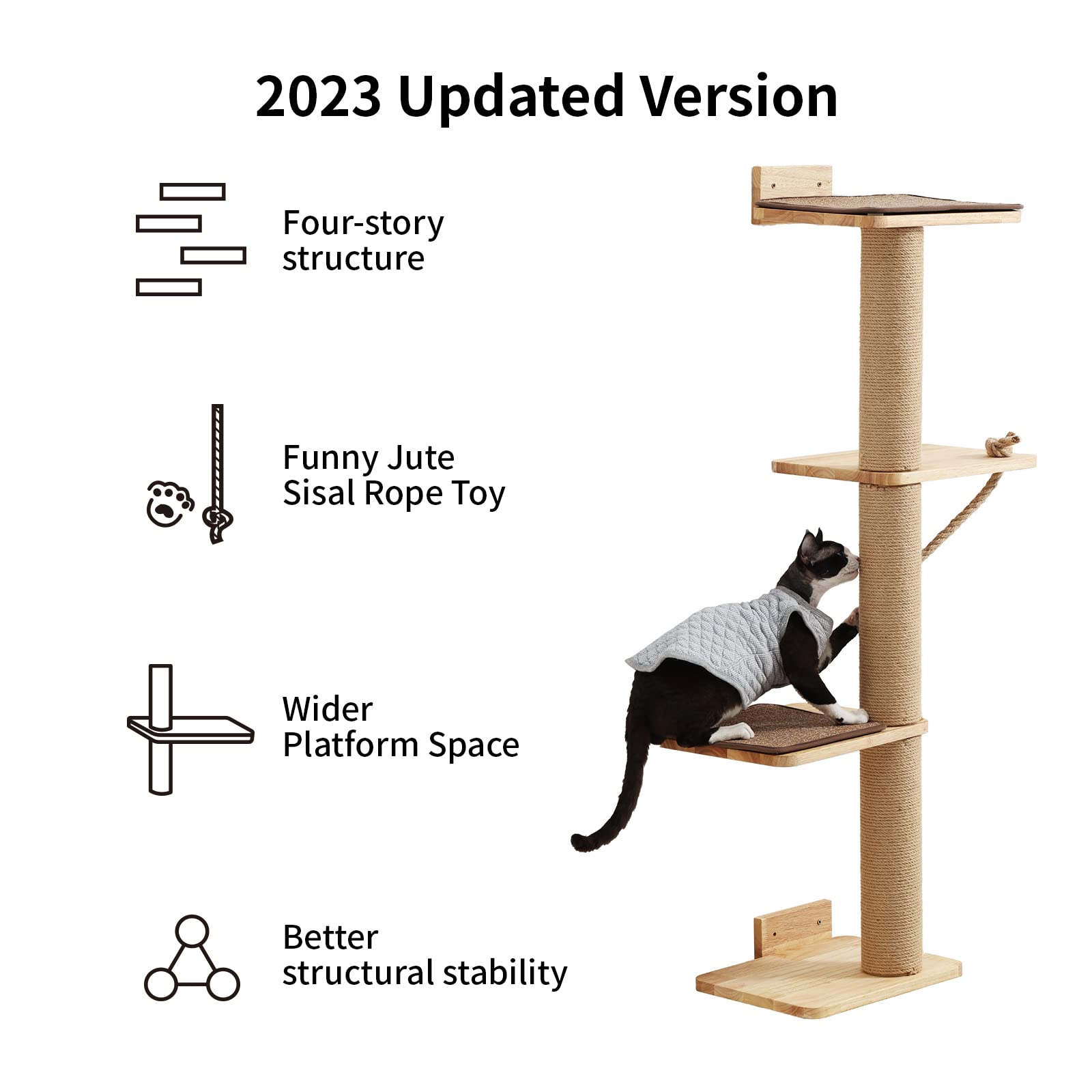 FUKUMARU Cat Scratching Activity Tree Wall Mounted, 125 cm Jute Scratch Post for Large Cats, Kittens with Platform, Rubber Wood, Large