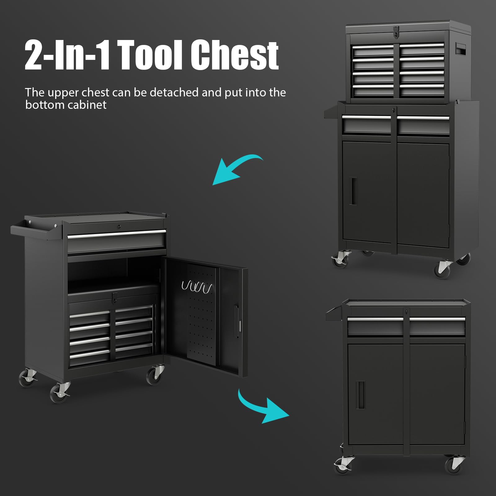 COSTWAY Large Rolling Tool Cabinet, 2-in-1 Detachable Metal Tool Chest with Drawers, Wheel, Handle, Hooks & Pegboard, Lockable Tool Box Trolley for Garage Workshop (with Middle Compartment, Black)