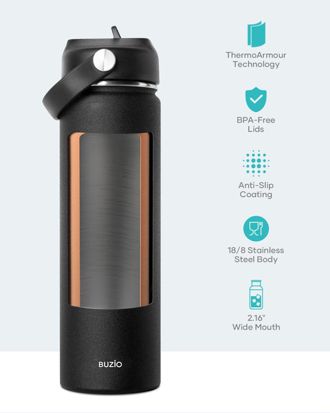 Stainless Steel Water Bottle 2L, BUZIO Vacuum Insulated Water Bottle with Straw Lid and Flex Cap Cold for 48 Hrs, Hot for 24 Hrs Double Wall Wide Mouth BPA Free Leak Proof, Black