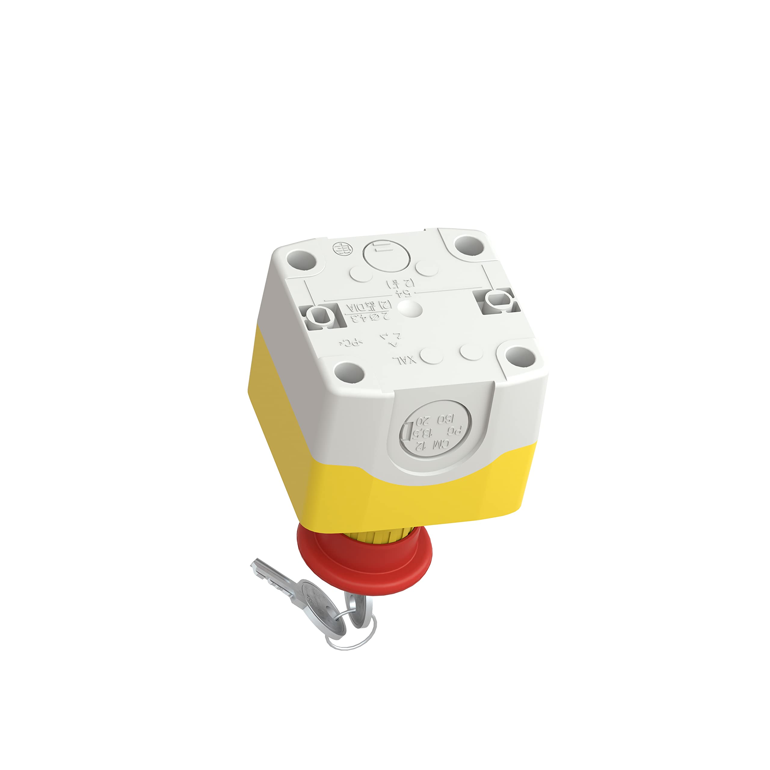Schneider Electric Control station, plastic, yellow lid, 1 red mushroom push button Ø40, key release, 1 NO + 2 NC
