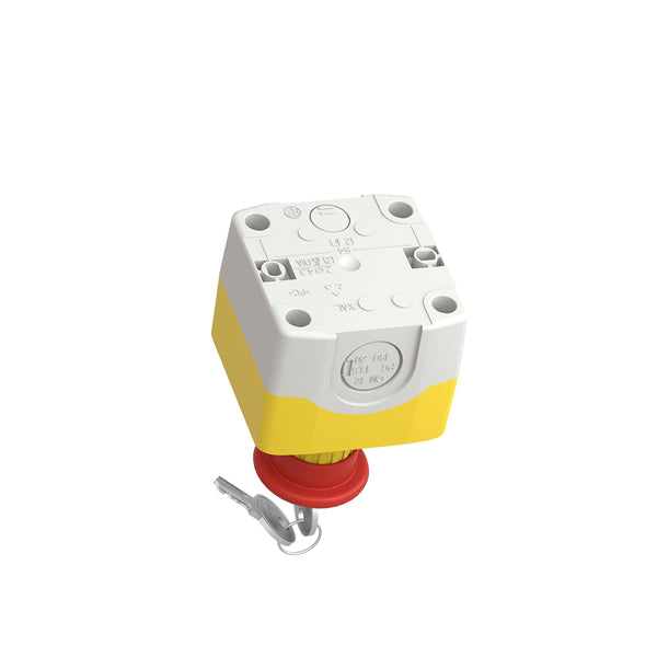 Schneider Electric Control station, plastic, yellow lid, 1 red mushroom push button Ø40, key release, 1 NO + 2 NC
