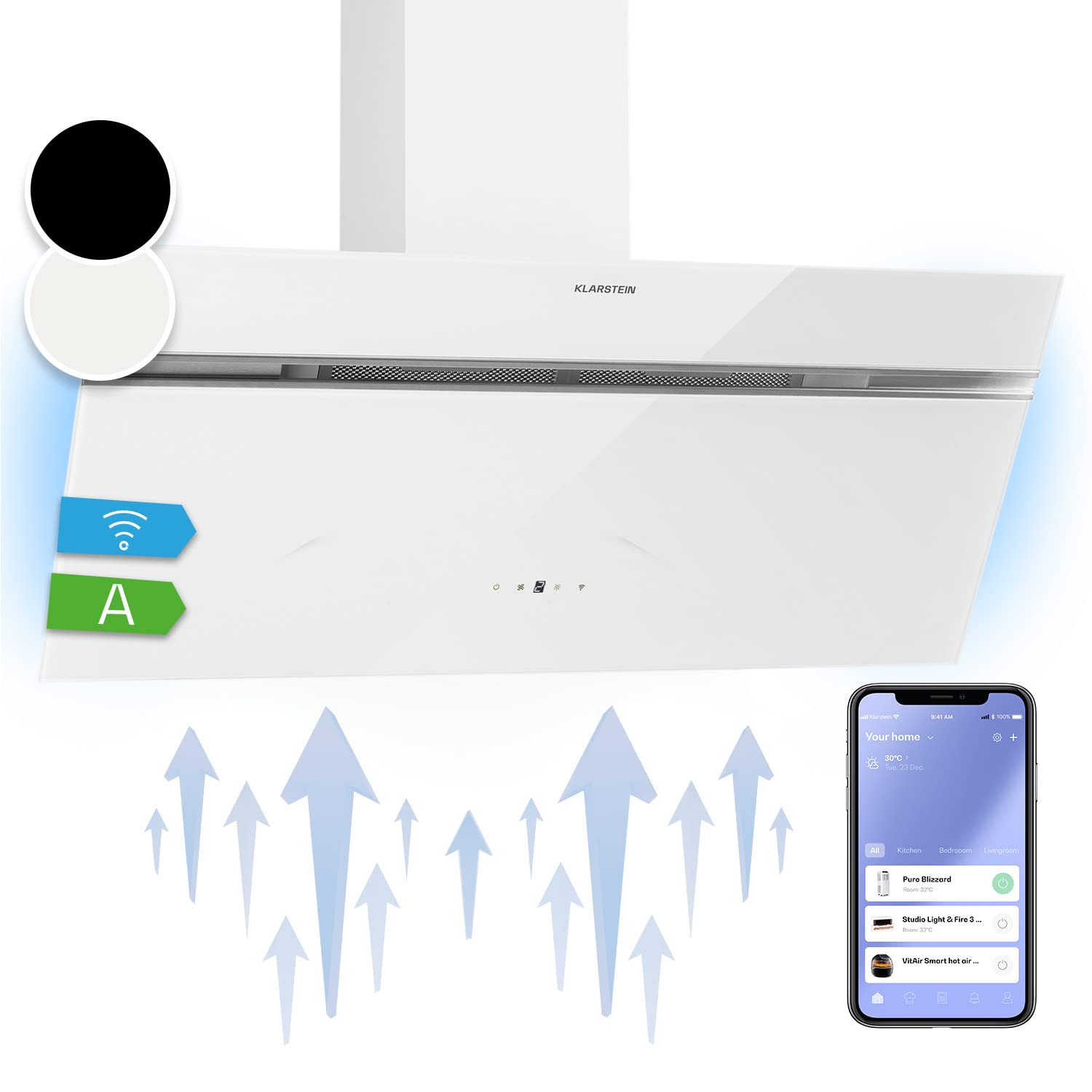 Klarstein Alina 90 Angled Cooker Hood - 600m³/h Air Flow, Touch Panel, LED Backlighting, Quiet 63dB, Energy Class A, 90cm Extractor Hood, Black