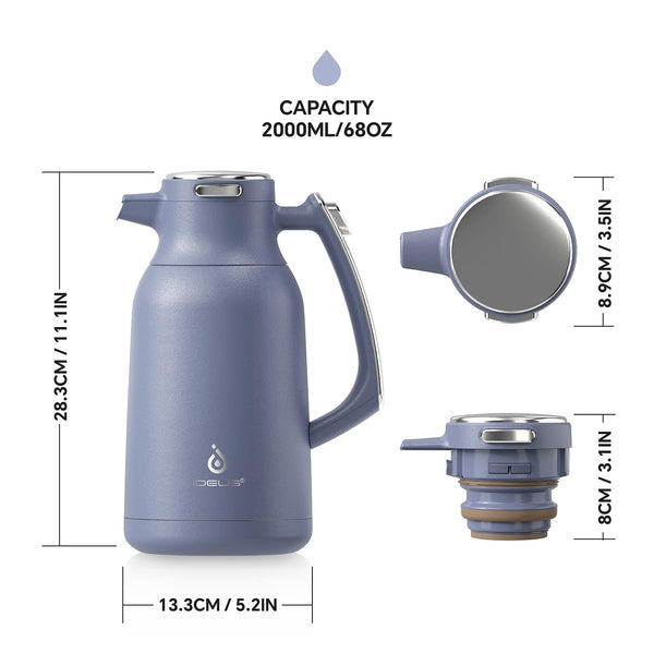 IDEUS Vacuum Insulated Coffee Carafe, 68 oz (2 Liters) Stainless Steel Milk Jug Thermal Tea Pot Hot & Cold Water Beverage Dispenser (Ocean Blue)
