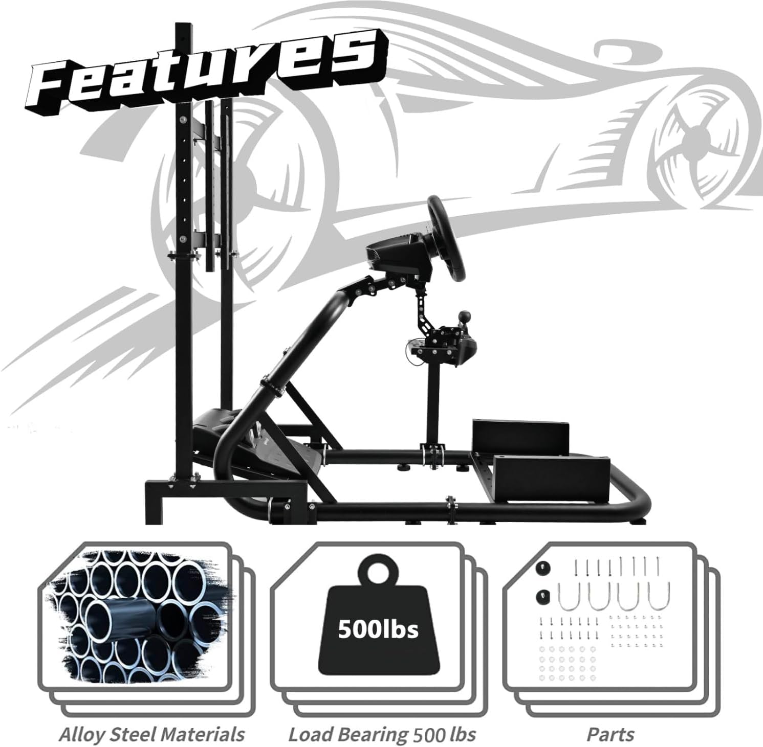 Dardoo Racing Simulator Cockpit Frame (50mm round tube) with Monitor Stand Fit for Logitech Thrustmaster Fanatec G29 G920 Racing wheel, Professional Cockpit Without Wheel Pedal and Handbrake
