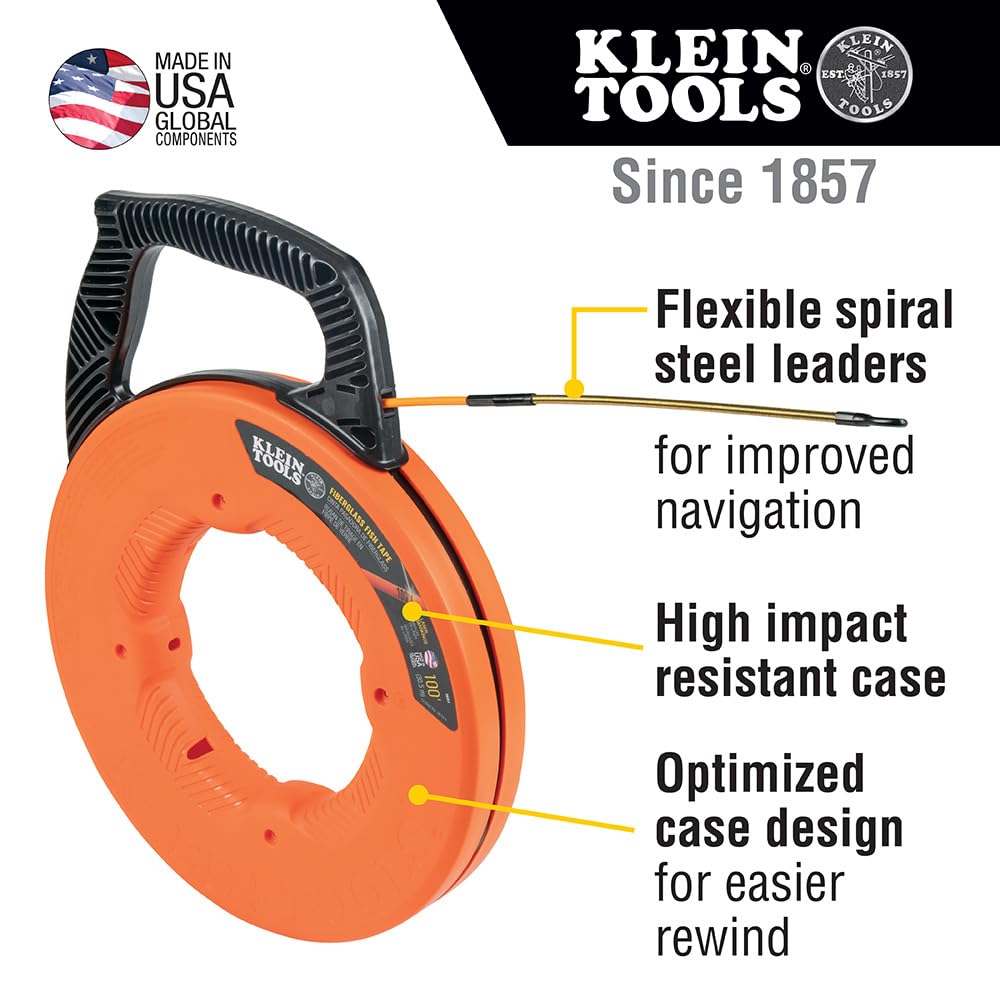 KLEIN TOOLS 56382 Fish Tape, Multi-Groove Fiberglass Wire Puller with Nylon Tip, Optimized Housing and Handle,Orange/Black, 15 m