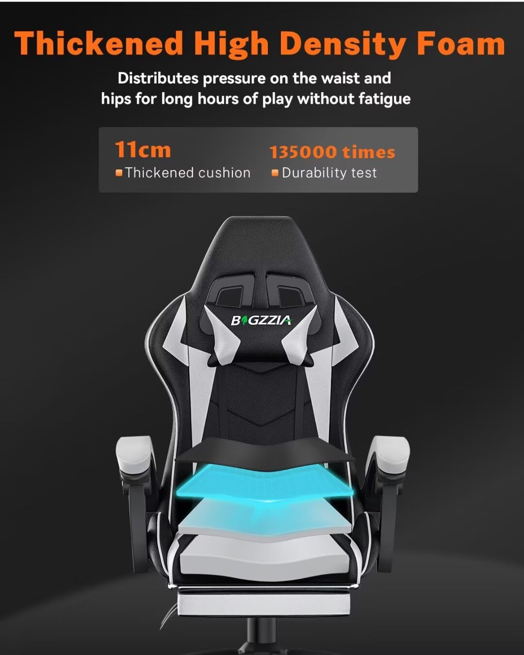 bigzzia Ergonomic Gaming Chair - Gamer Chairs with Lumbar Cushion + Headrest, Height-Adjustable Office & Computer Chair for Adults (without footrest, White)