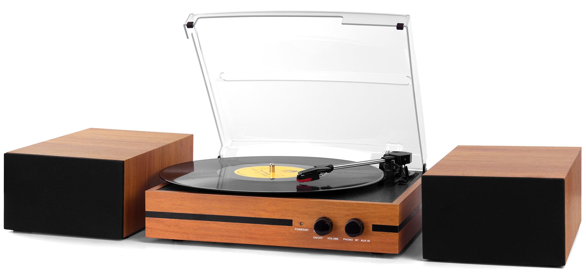 Retro Vinyl Record Player Bluetooth Desktop Phonograph Belt-Drive Turntable with External Speakers,Dual Stereo Speakers LP Players AUX Headphone Input RCA Out, 3 Speeds 3 Sizes Wood Brown