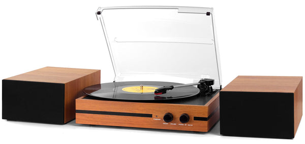 Retro Vinyl Record Player Bluetooth Desktop Phonograph Belt-Drive Turntable with External Speakers,Dual Stereo Speakers LP Players AUX Headphone Input RCA Out, 3 Speeds 3 Sizes Wood Brown