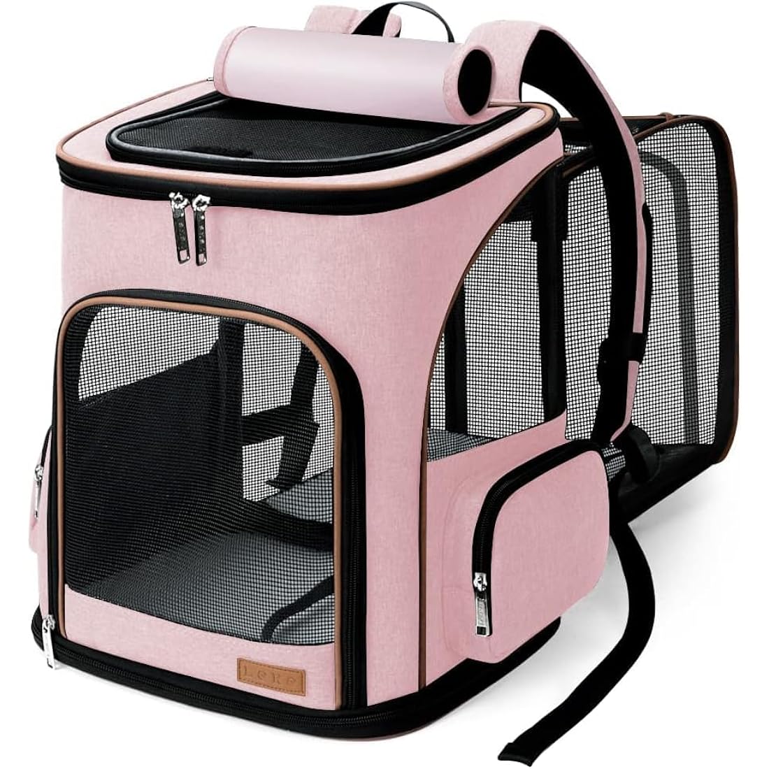 Lekesky Expandable Cat Carrier Backpack - Portable Breathable Rucksack for Medium and Small Cats & Dogs, Foldable with Inner Escape-proof Leash and Pet Mat, Supports 20 lbs (Pink)