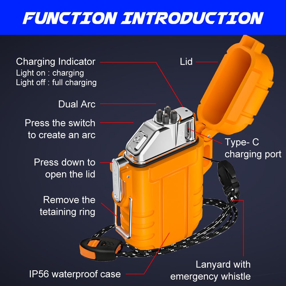 Electric Lighter Rechargeable USB, Electronic Plasma Arc Lighter Windproof and Waterproof for Hiking, Camping, Outdoor, Survival, Tactical, EDC Gear, Gifts for Him Men (Black)