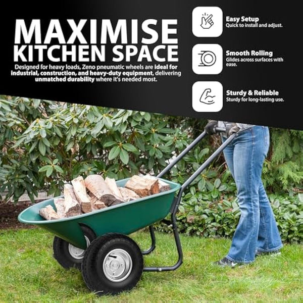 ZENO Wheelbarrow Wheels - 4 x 10" | Pneumatic Wheels Set | Truck Trolley Puncture Proof Tyre for Garden Heavy Duty Trolley Trailer Truck | Black Solid Replacement Wheelbarrow Wheel 3.50-4