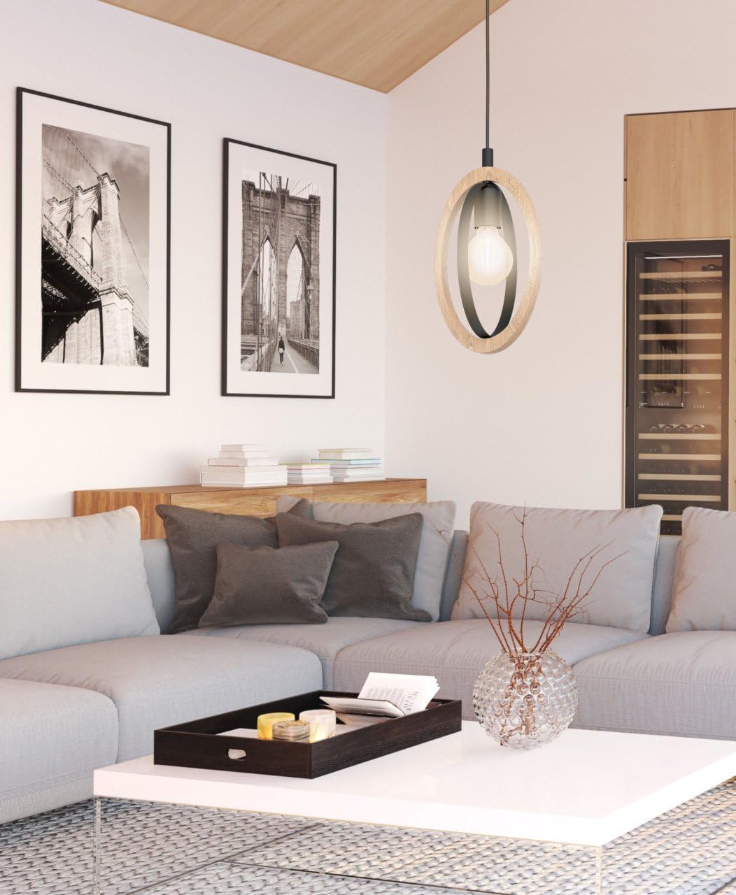 Eglo Pendant lamp Basildon, 1-Light Hanging lamp Vintage, Industrial, Retro, Pendant lamp Made of Steel and Wood in Black, Natural, Dining Table lamp,