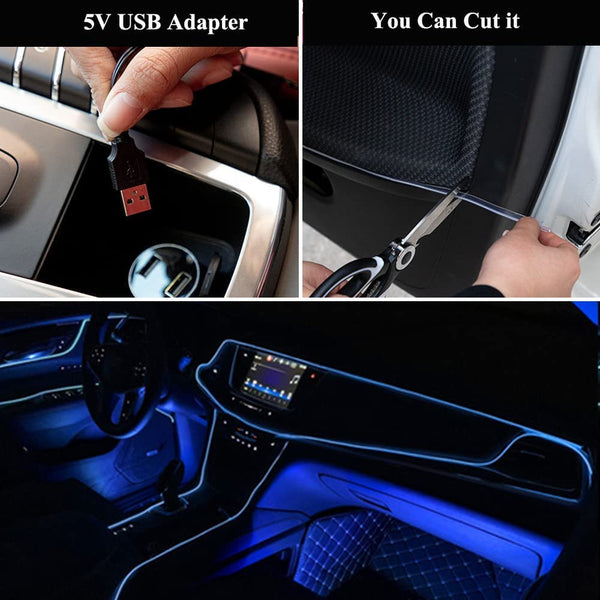 Keiurot El Wire Car Lights Neon Light for Car USB Ice Blue 10M/32Ft Car Ambient Lighting Atmosphere Car Led Interior Strip Light Sewing Edge Decoration Dashboard Lights Strip LED Trim Light