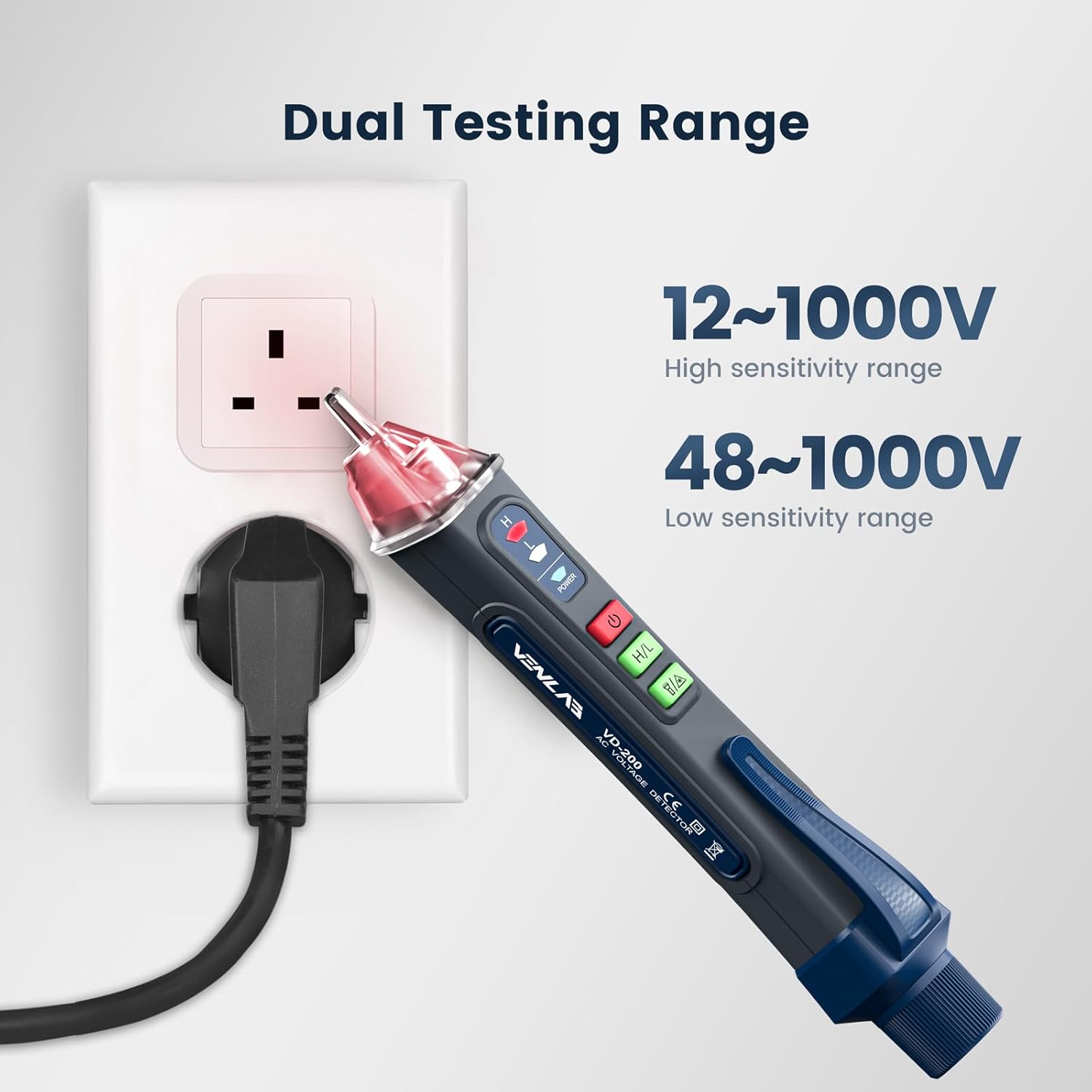 VENLAB Voltage Tester VD200, 12V-1000V/48V-1000V Dual Range Non-Contact Electric Tester, Sensitivity Electrical Voltage Pen Indicator light with NCV, Flashlight, Buzzer Alarm, Wire Breakpoint Finder