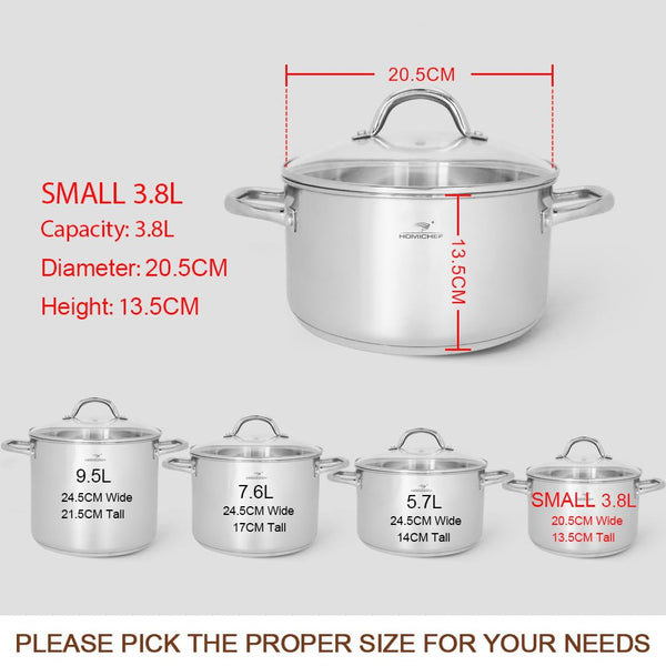 HOMICHEF Stock Pot 20.5 cm 3.8 Litre Nickel Free Stainless Steel - 3.8 Litre Pot with Lid and Handle - 3.8 Litre Saucepan with Lid - Soup Pot Small