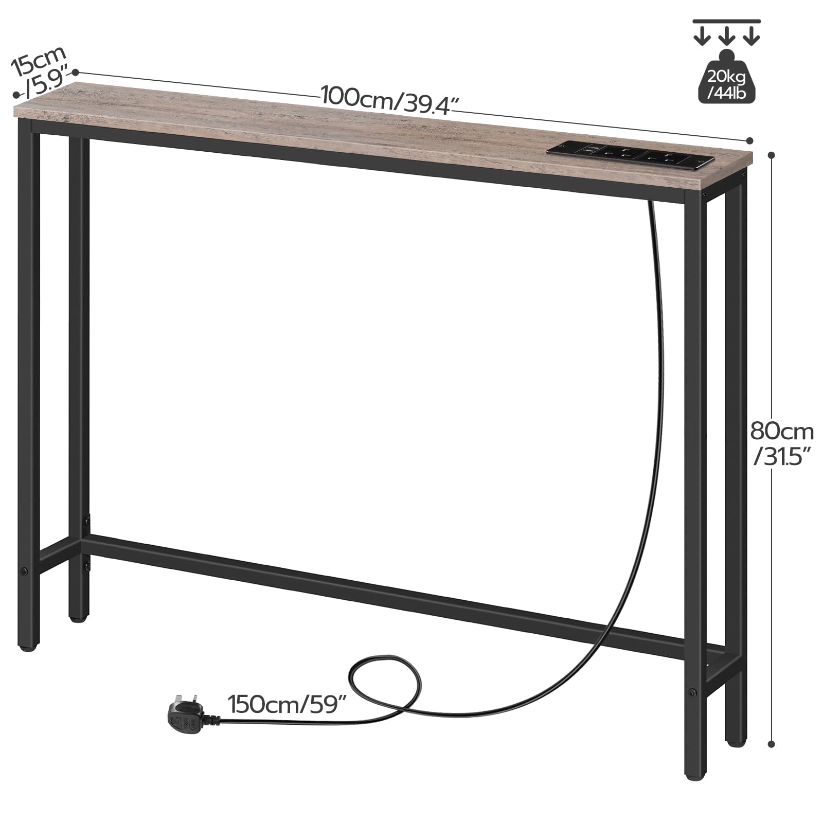 HOOBRO Slim Console Table with Charging Station, Narrow Behind Sofa Table with USB Ports and Power Outlets, 100 cm Long, Hallway Table for Entryway,