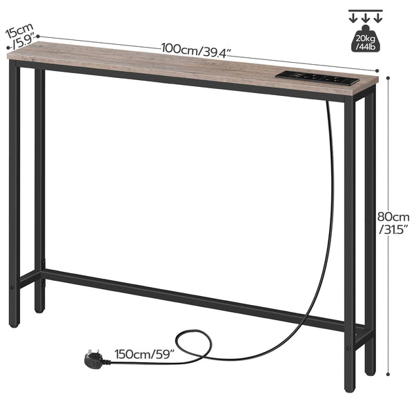 HOOBRO Slim Console Table with Charging Station, Narrow Behind Sofa Table with USB Ports and Power Outlets, 100 cm Long, Hallway Table for Entryway,
