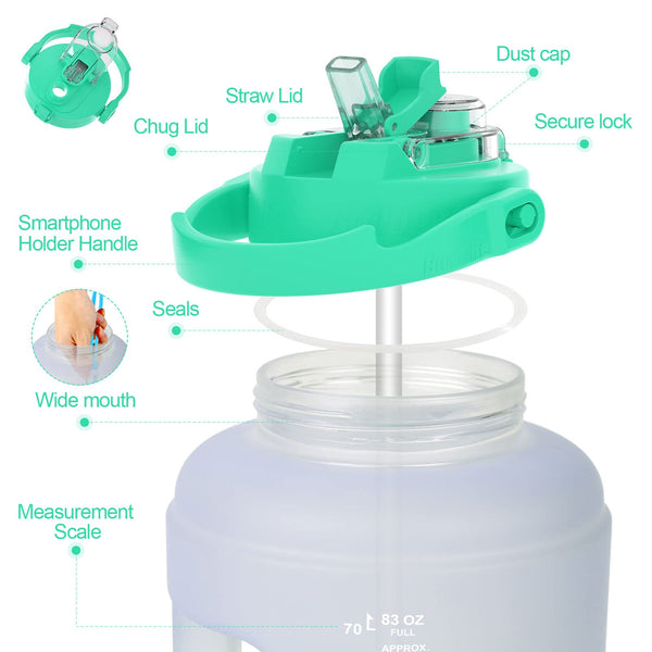 BuildLife Water Bottles with Straw & Flip Cap 2 in 1 Lid - Large Water Bottle with Time Markings BPA Free Leak Proof Wide Mouth Drinks Bottle,2.5 Litre Durable Sports Water Bottle (Black)