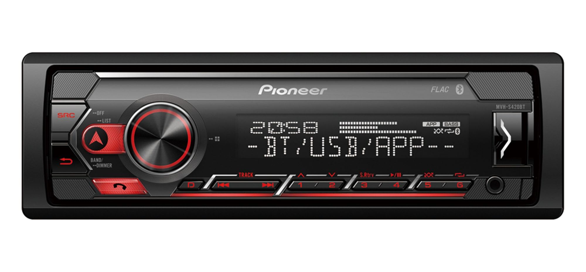 PIONEER 1-DIN receiver with Bluetooth, Red/White illumination, USB/3.5mm Jack, Spotify, Pioneer Smart Sync App and compatible with Apple and Android devices, Red/Black, MVH-S420BT