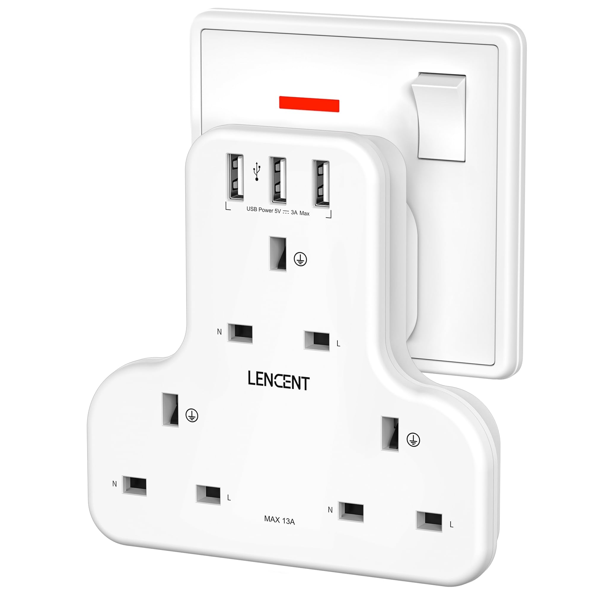 LENCENT Plug Extension Socket, 3 Way Multi Plug Socket with 3 USB Ports, Power Extender Wall Adaptor for Household Appliances, Iphone, Smartphone, Tablet, Home, Office, Bedroom, 13A 3250W