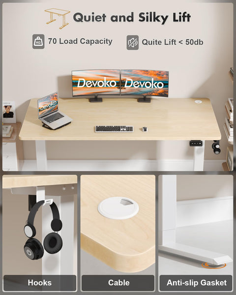 Devoko Electric Standing Desk 120x60cm Sit Stand Table Height Adjustable with Backpack Hook and Memory Smart Pannel, Home Office, White