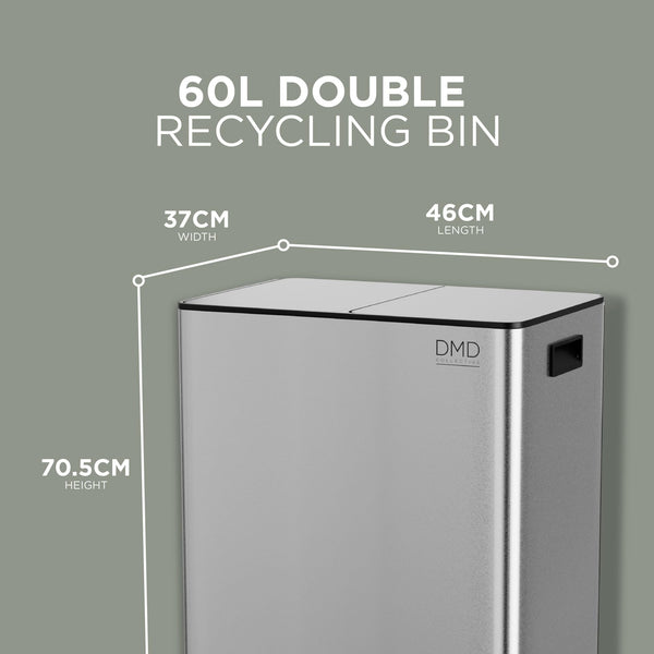 DMD | 60L Dual Stainless Steel Rubbish Bin, 2 x 30L Removable Recycling Bins | 3L Compost Bin Included, Soft Closure, Easy Clean, Metal Pedals,