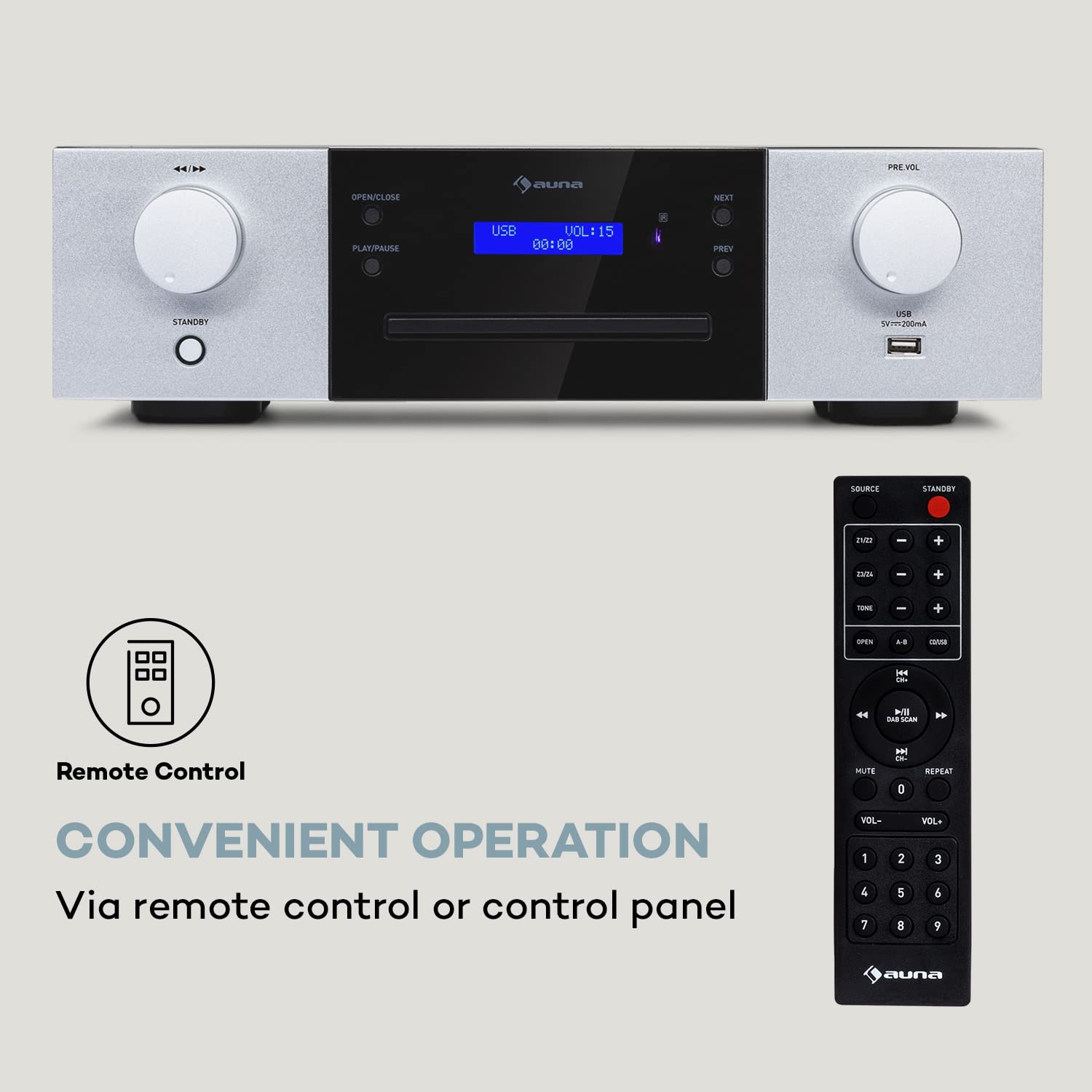 AUNA CD-1000 DG, CD Player HiFi, USB, MP3, Remote Control, CD Player with LED Display, CD Receiver Aluminium, black