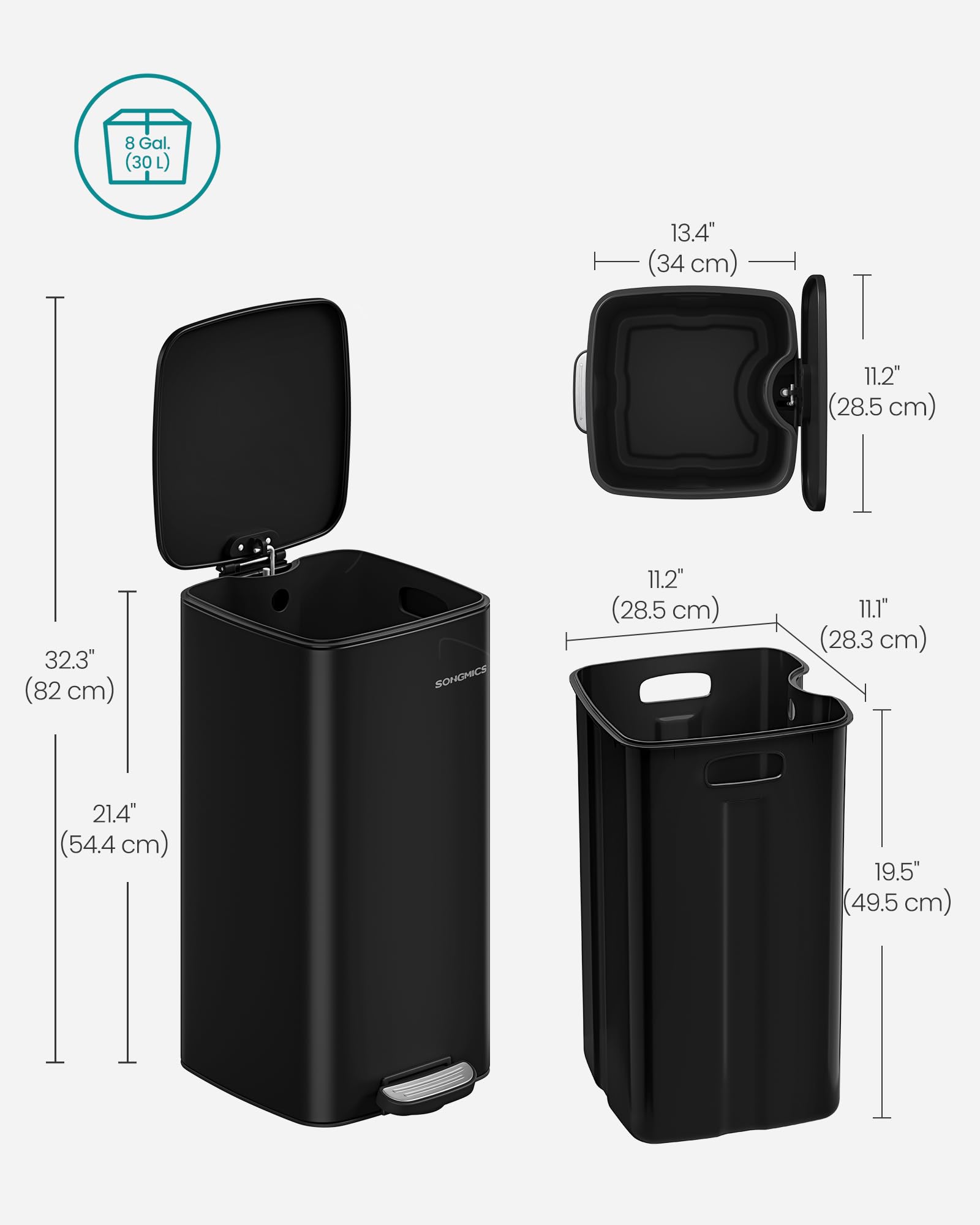 SONGMICS Kitchen Bin, 8-Gallon (30 L) Trash Bin, Steel Pedal Bin, with Inner Bucket, Soft Close and Stays Open, Ink Black LTB593B02