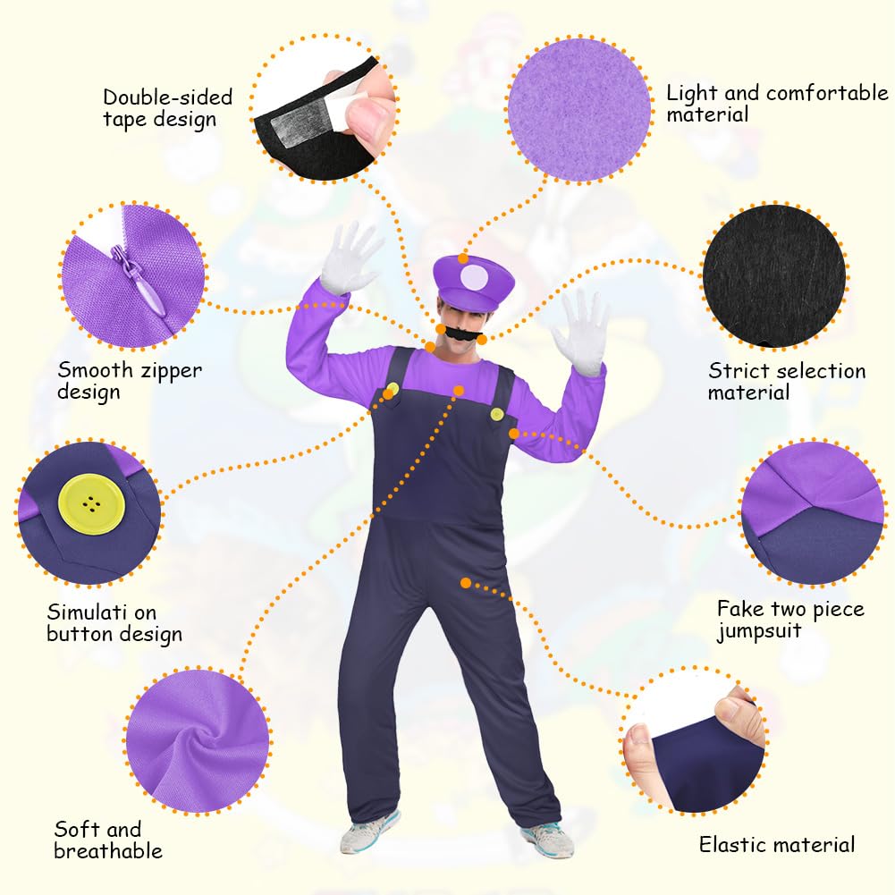 Aomig Mario Costumes, 4 Pack Mario Cosplay Costume Accessories Kits with Bodysuit, Luigi Hats Cap, Mustaches, White Gloves, Mario Luigi Bros Fancy Dress Outfit Costume for Women Men