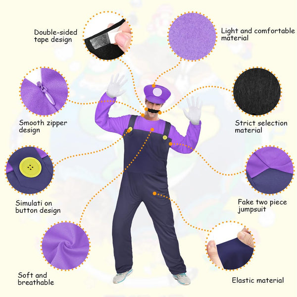 Aomig Mario Costumes, 4 Pack Mario Cosplay Costume Accessories Kits with Bodysuit, Luigi Hats Cap, Mustaches, White Gloves, Mario Luigi Bros Fancy Dress Outfit Costume for Women Men