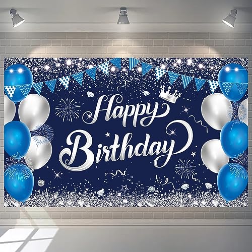 Happy Birthday Banner - 1.1 x 1.8m Blue Silver Backdrop, Decorations for Boys & Girls, Perfect for Birthday & Anniversary Parties