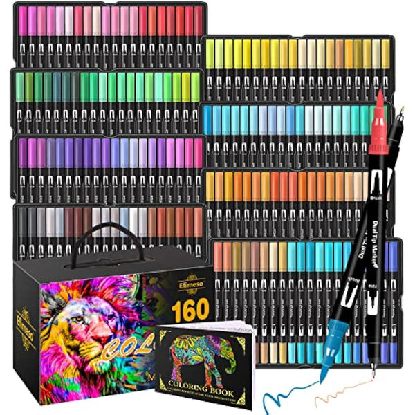 Efimeso 160 Colour Felt Brush Tip Pens, Dual Tip Brush Marker,Colouring Pens Fineliners Art Supplies for Drawing Sketching Colouring Book
