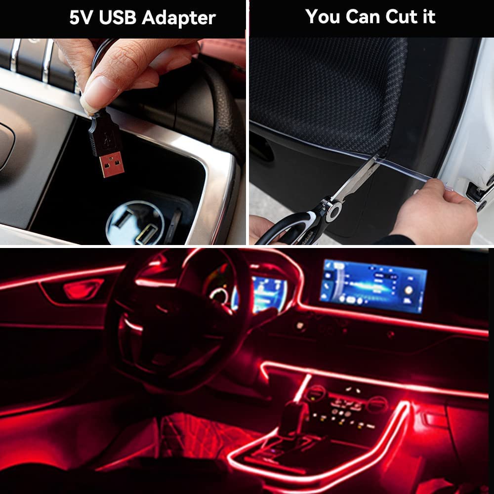 Keiurot El Wire Car Lights Neon Light for Car USB Ice Blue 10M/32Ft Car Ambient Lighting Atmosphere Car Led Interior Strip Light Sewing Edge Decoration Dashboard Lights Strip LED Trim Light