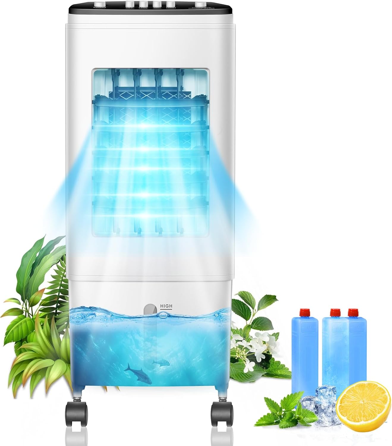 Portable Air Conditioner, 【2025 Newest 3-in-1 Evaporative Air Cooler】 with 3 Speeds, 26ft Cooling Range, 60° Auto Swing, 6L Water Tank & 3 Ice Packs, 35dB Quiet, 60W, for Home, Office, Bedroom