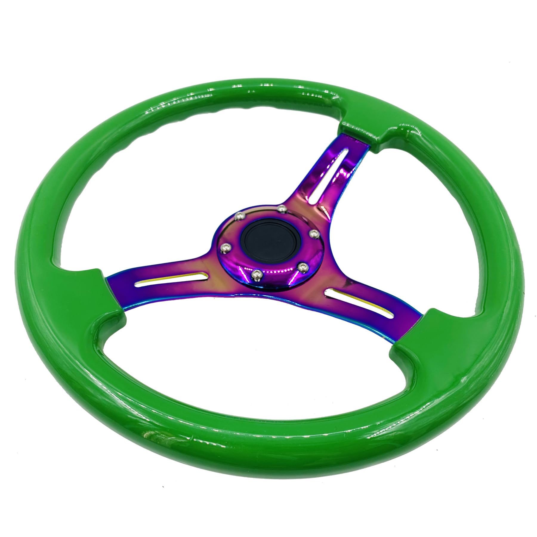 350mm Green Racing Steering Wheel Neo Chrome Spoke Universal 6 Bolts 45mm Deep Dish Classic ABS Wood Steering Wheel with Horn Button