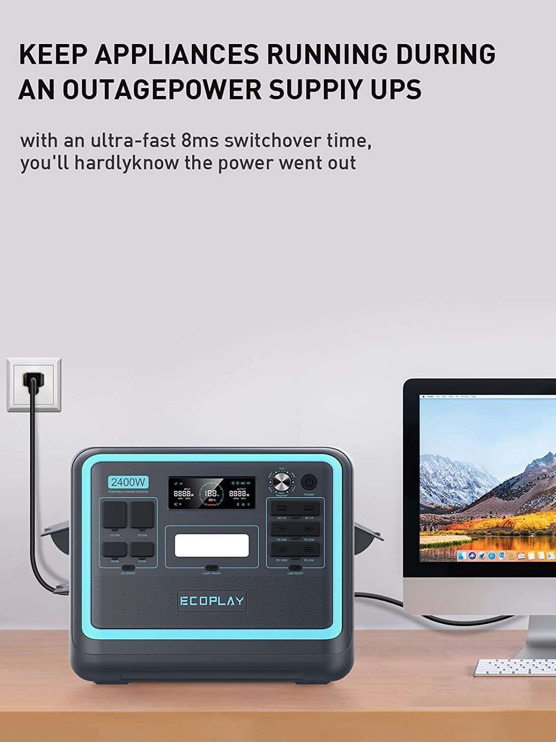 Portable Power Station 2400W (Peak 4800W), Eco Play Power Station with 2048Wh LiFePO4 Battery, 3x230V AC Pure Sine Wave, 1.8H to Full Charge, Solar Generator for Camping/Outdoor/Emergency