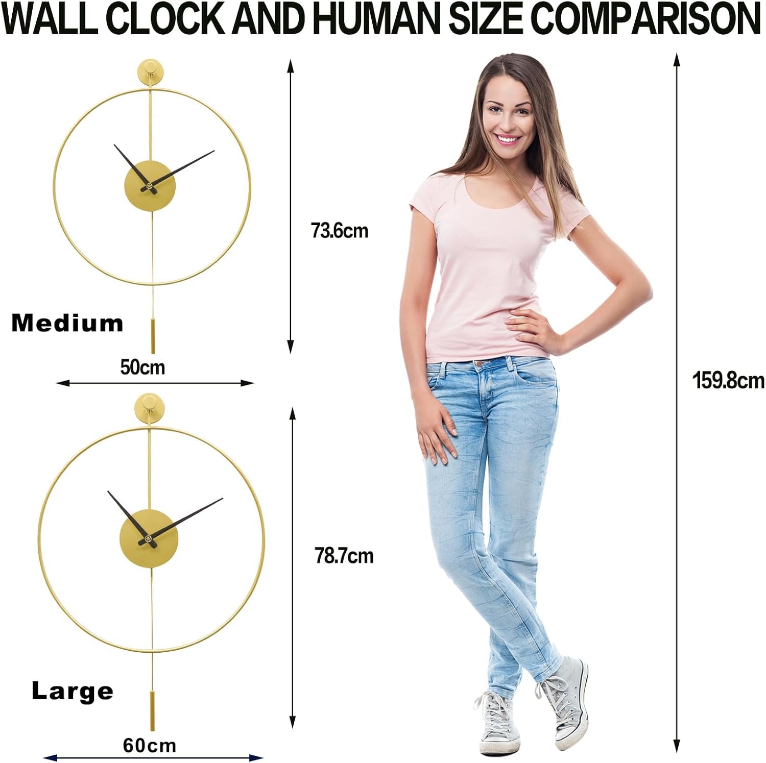Classical Large Decorative Wall Clock with Pendulum, Modern Non-Ticking Silent Metal Wall Clocks for Living Room, Bedroom, Study, Office, 20 inch