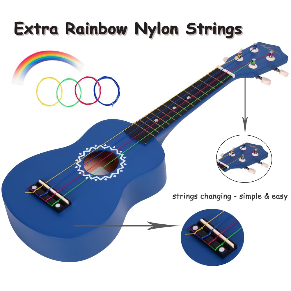 ADM Soprano Ukulele Set for Kids and Beginners, Ukulele Starter Kit with Bag, Clip-On Tuner, Rainbow Strings, Colourful Strap, Plectrum, Fingerboard Sticker, Chord Card (Dark Blue)