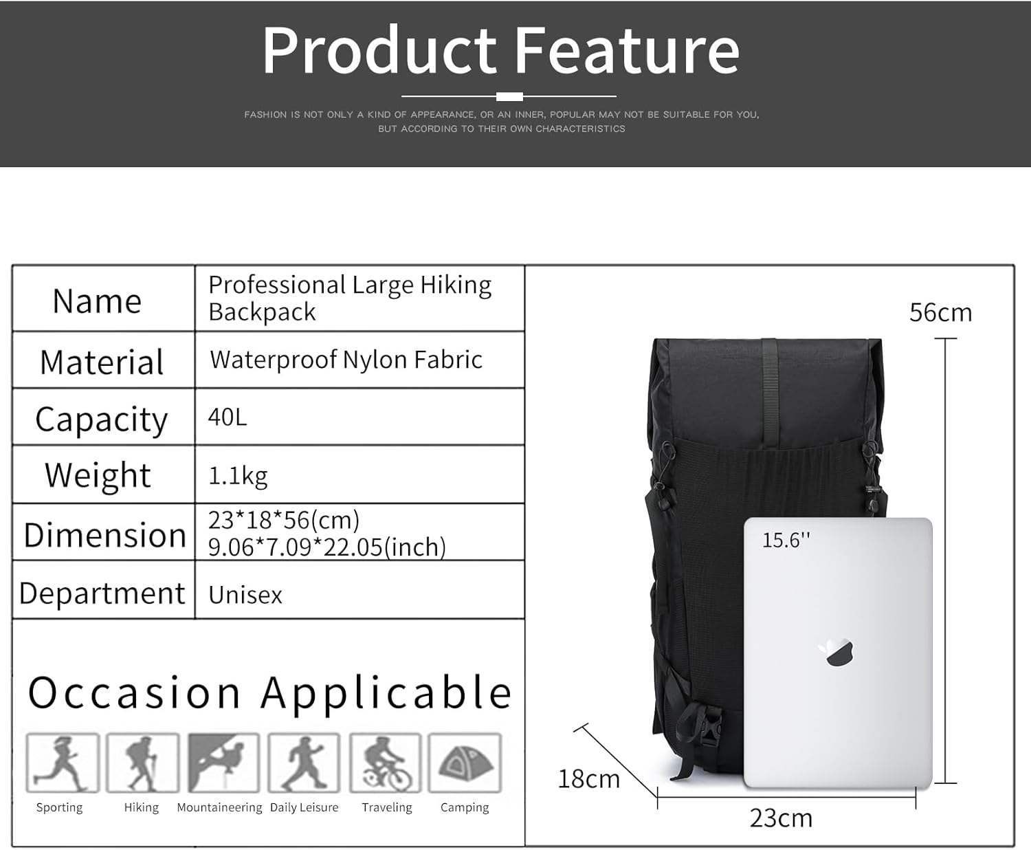 POWER KING 40L Expandable TO 50L Hiking Backpack,Upgraded X-PAC Scratch-proof Lightweight Large Rucksack for Mens Women, Outdoor Roll Top Camping Packsack, Fit for 15.6'' Laptop