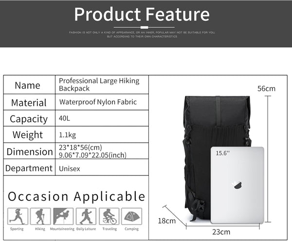 POWER KING 40L Expandable TO 50L Hiking Backpack,Upgraded X-PAC Scratch-proof Lightweight Large Rucksack for Mens Women, Outdoor Roll Top Camping Packsack, Fit for 15.6'' Laptop