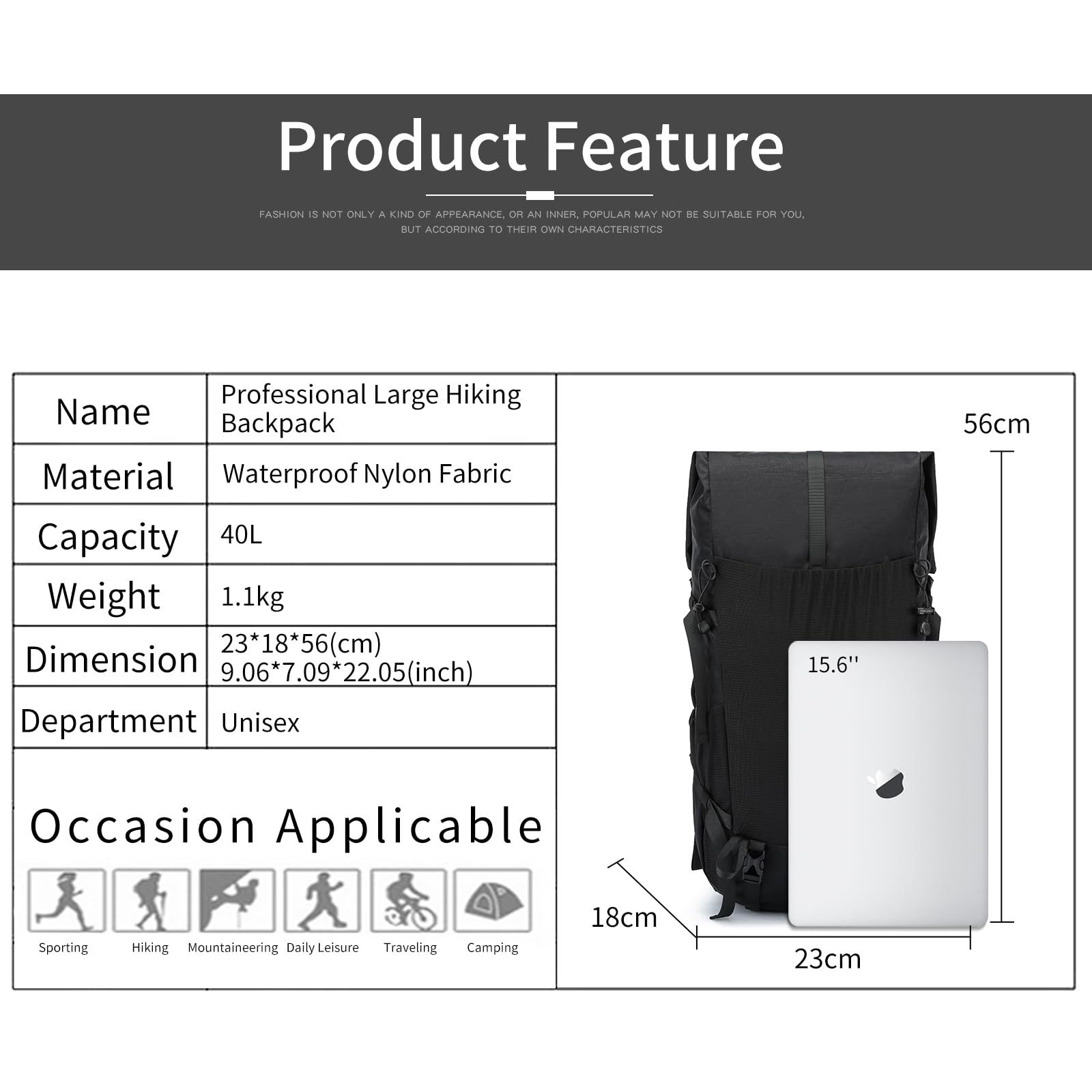 POWER KING 40L Expandable TO 50L Hiking Backpack,Upgraded X-PAC Scratch-proof Lightweight Large Rucksack for Mens Women, Outdoor Roll Top Camping Packsack, Fit for 15.6'' Laptop