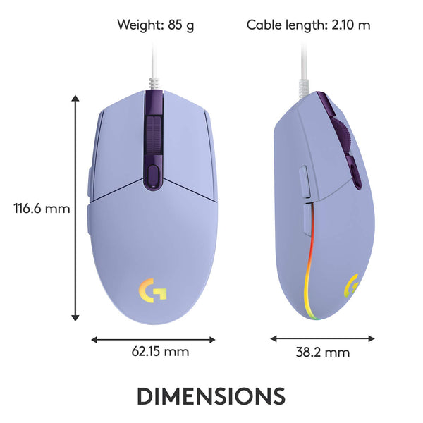 Logitech G203 LIGHTSYNC Gaming Mouse with Customizable RGB Lighting, 6 Programmable Buttons, Gaming Grade Sensor, 8K DPI Tracking, Lightweight - Lilac