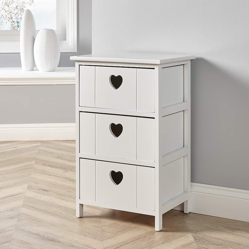 Home Source Bedside Chest of Drawers, Wooden Storage Unit Bedroom Organiser, Love Heart Design, 3 Drawer, White