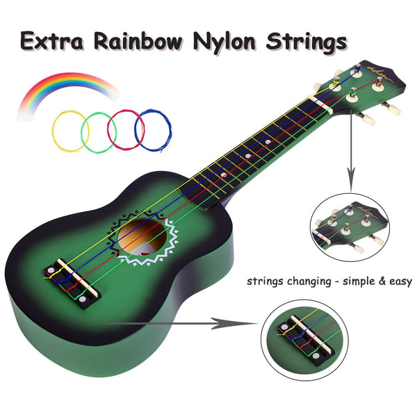ADM Soprano Ukulele Set for Kids and Beginners, Ukulele Starter Kit with Bag, Clip-On Tuner, Rainbow Strings, Colourful Strap, Plectrum, Fingerboard Sticker, Chord Card (Dark Blue)